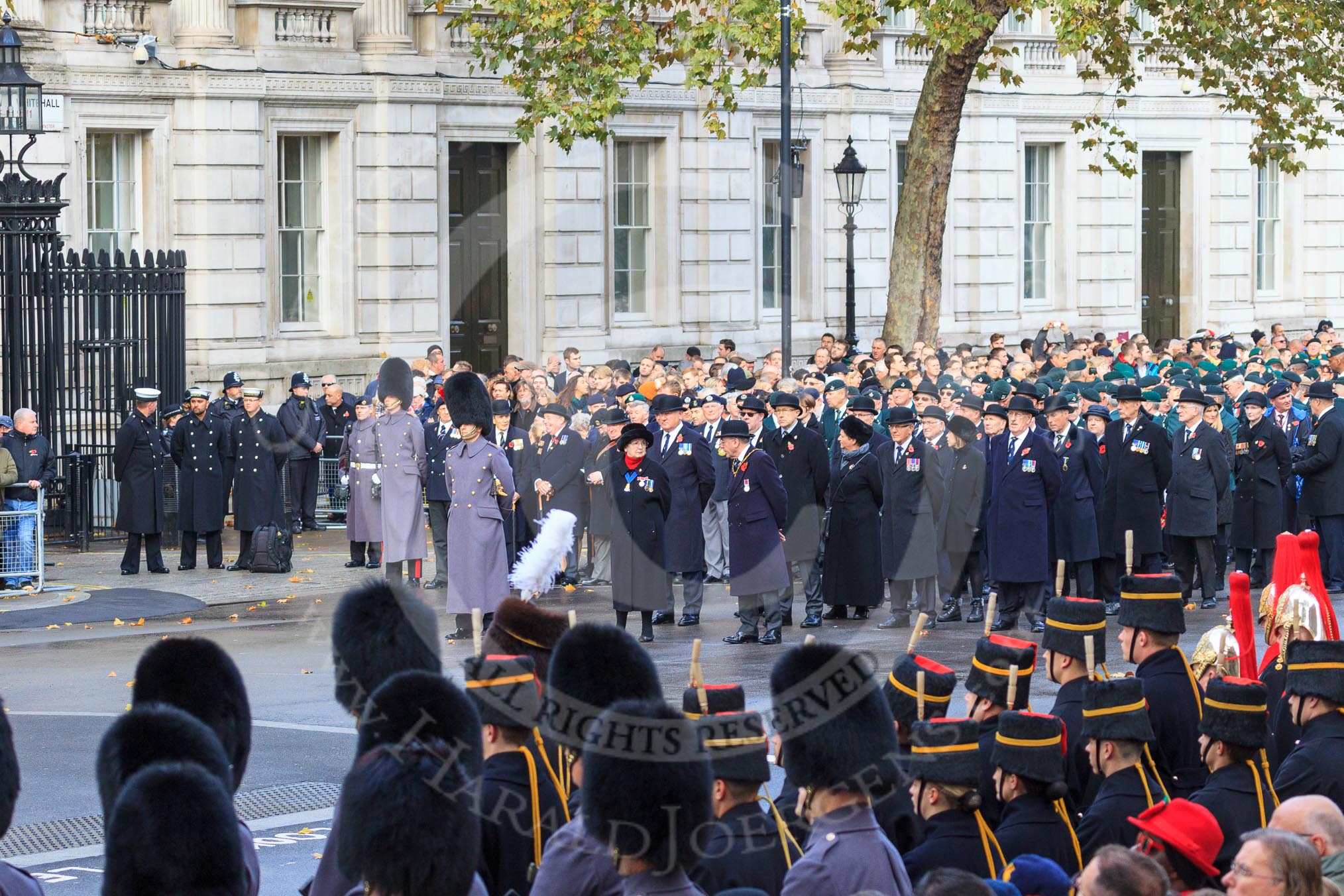 The first groups of the March Past are in place near Downing Street corner on Whitehall before the Remembrance Sunday Cenotaph Ceremony 2018 at Horse Guards Parade, Westminster, London, 11 November 2018, 10:30. In front the Service detachment from the King's Troop Royal Horse Artillery and Service detachment from the Household Cavalry.