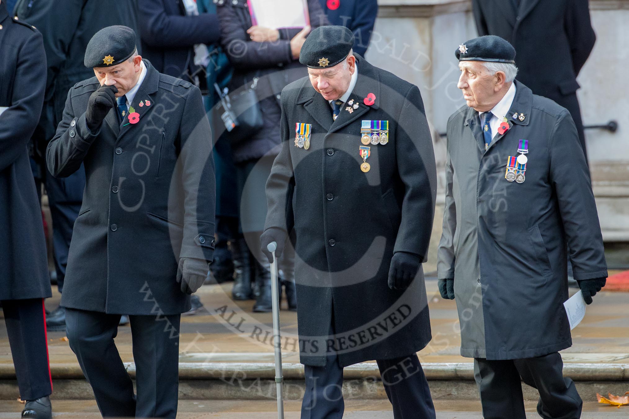Three unidentified gentlemen (can anyone help?) leaving the Foreign and Commonwealth Office before the Remembrance Sunday Cenotaph Ceremony 2018 at Horse Guards Parade, Westminster, London, 11 November 2018, 10:35.