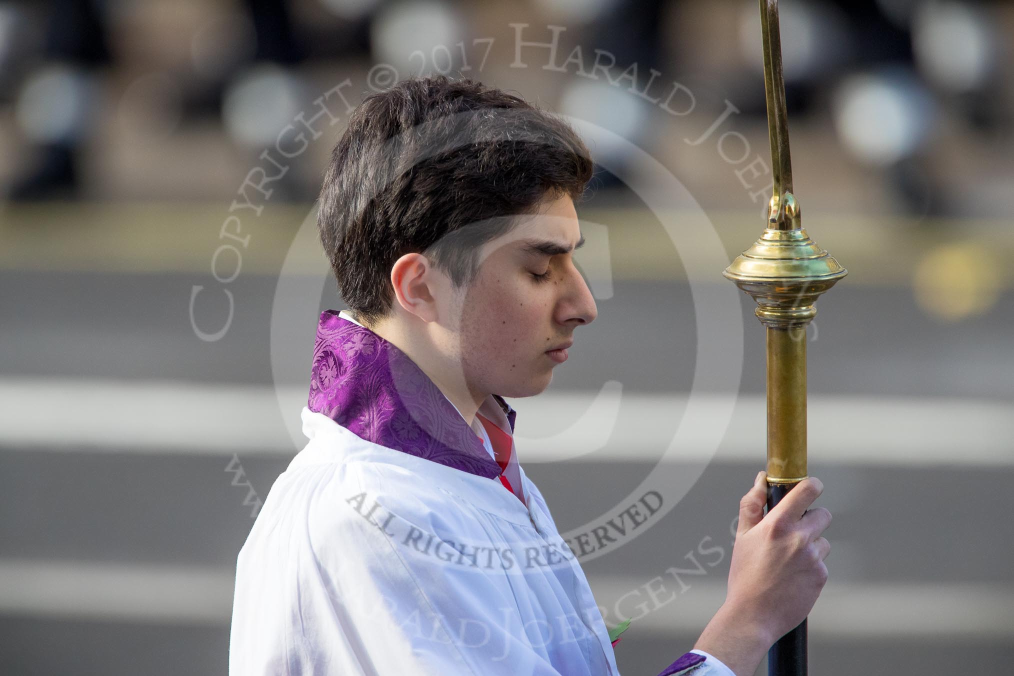 The Cross­Bearer, Michael Clayton Jolly, during the Remembrance Sunday Cenotaph Ceremony 2018 at Horse Guards Parade, Westminster, London, 11 November 2018, 10:54.