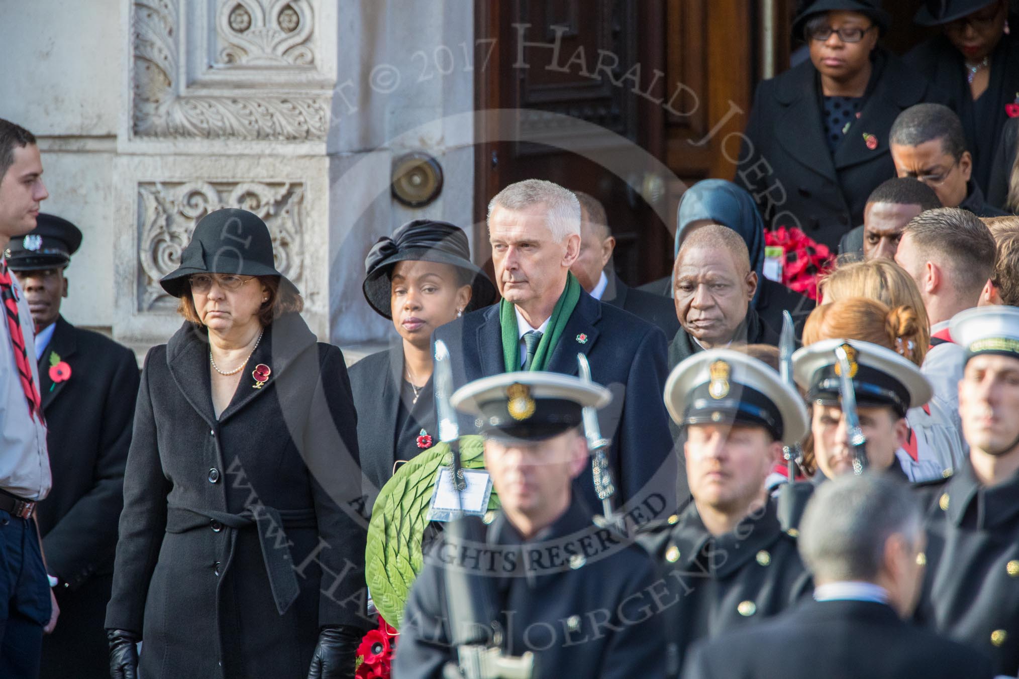The High Commissioners are leaving the Foreign and Commonwealth Office during the Remembrance Sunday Cenotaph Ceremony 2018 at Horse Guards Parade, Westminster, London, 11 November 2018, 10:55.