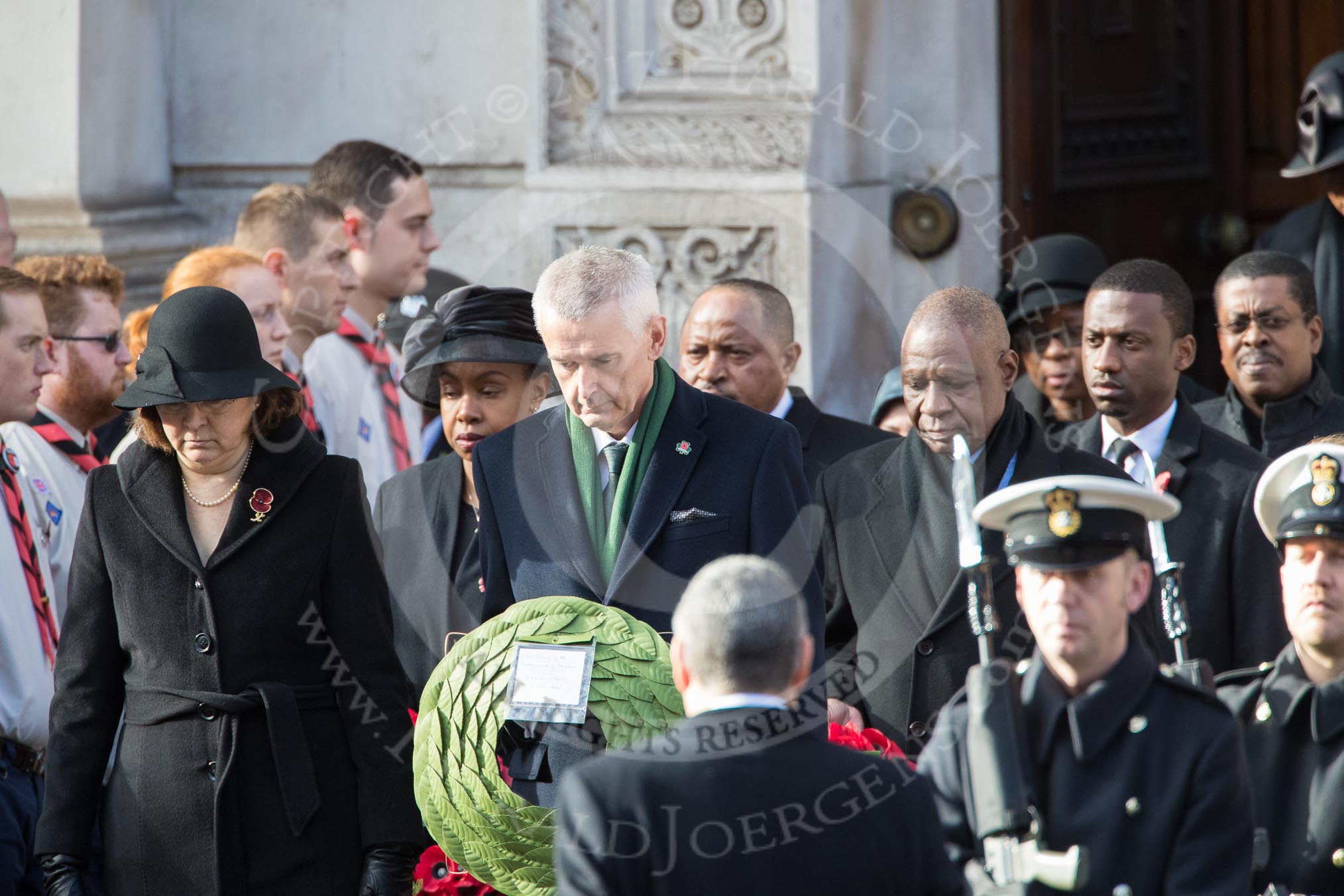 The High Commissioners are leaving the Foreign and Commonwealth Office during the  Remembrance Sunday Cenotaph Ceremony 2018 at Horse Guards Parade, Westminster, London, 11 November 2018, 10:55.