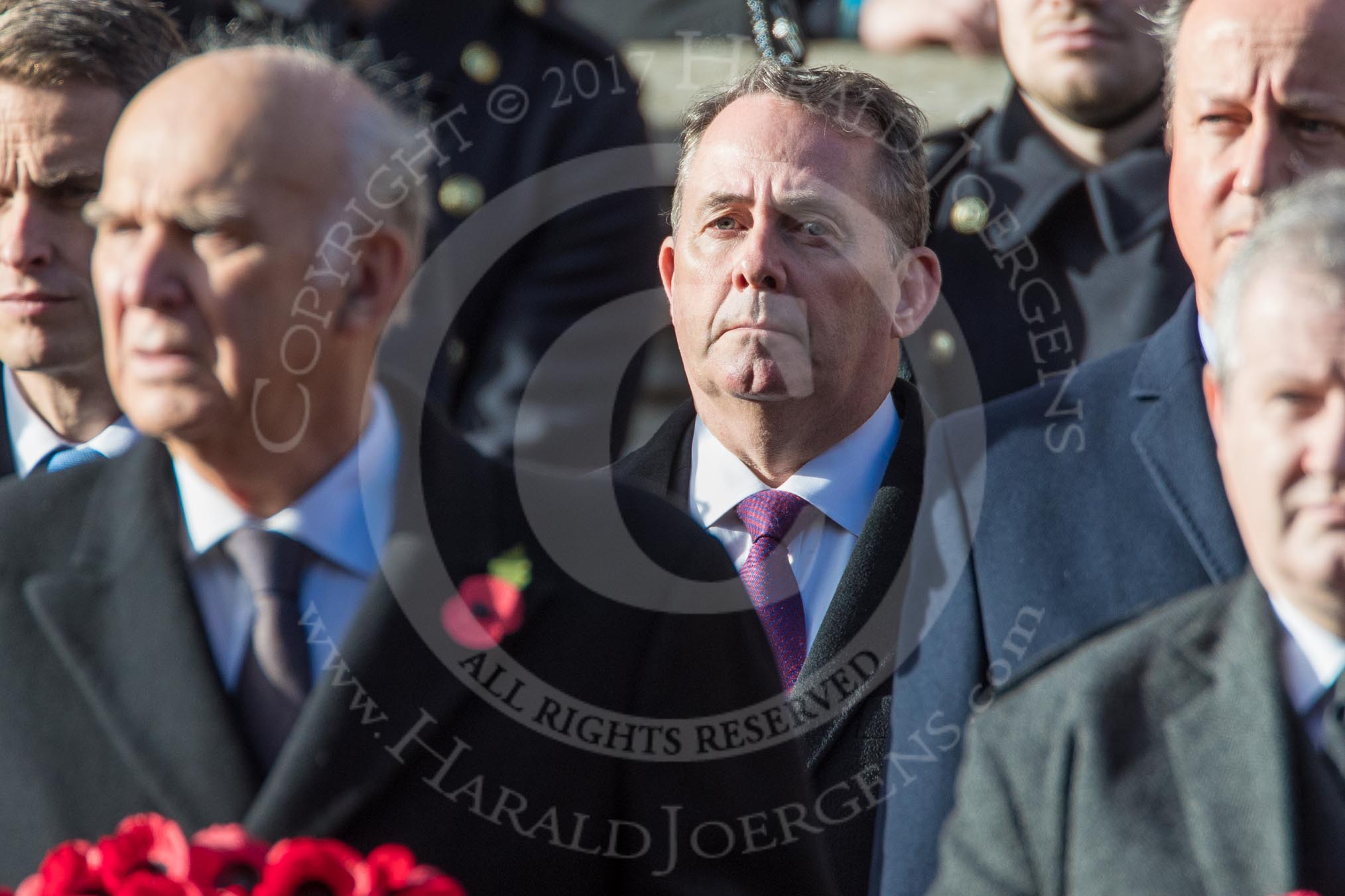 The Rt Hon Dr Liam Fox MP (Secretary of State for International Trade) during the Remembrance Sunday Cenotaph Ceremony 2018 at Horse Guards Parade, Westminster, London, 11 November 2018, 10:57.