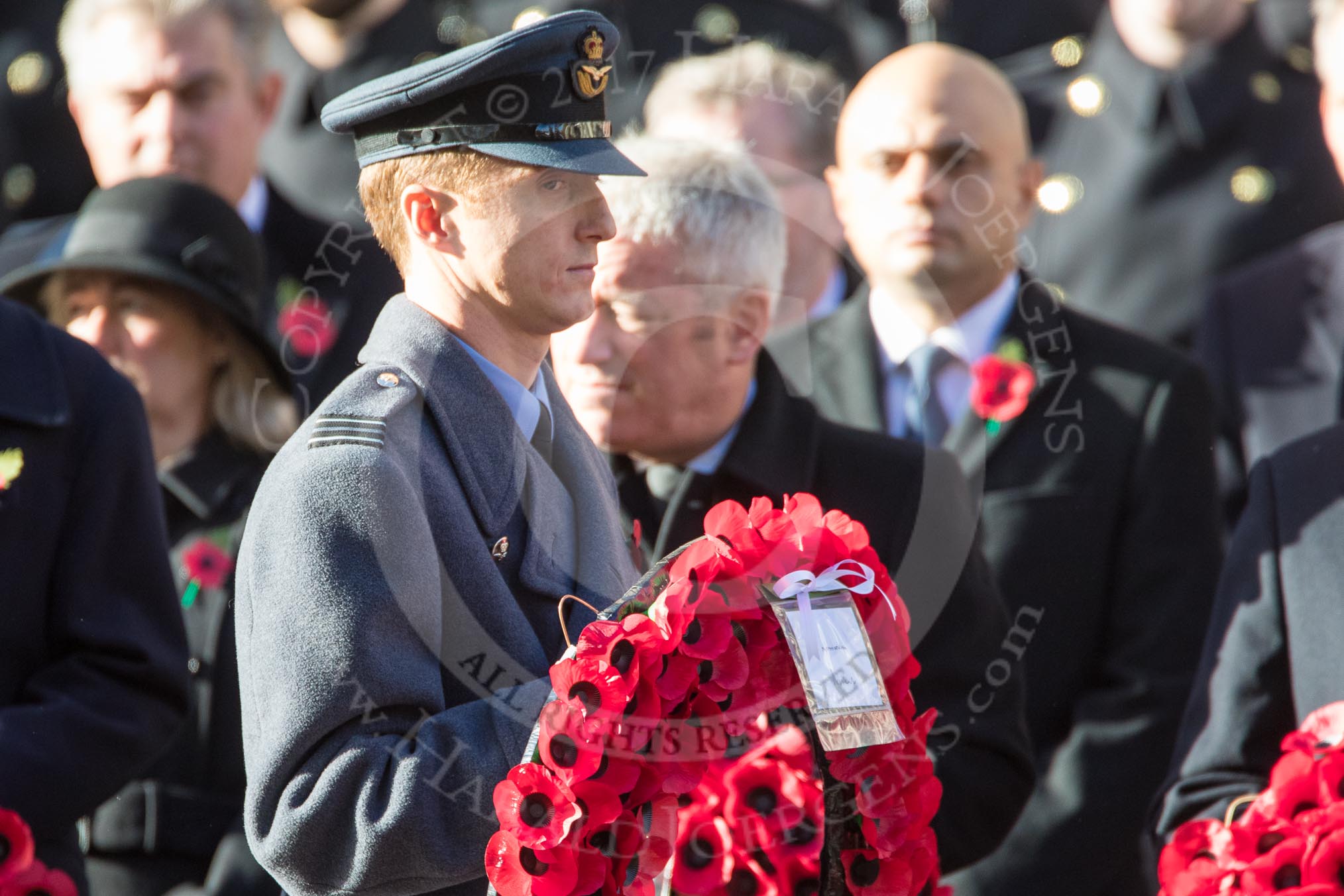 Flight Lieutenant David Rawson, Royal Air Force, Equerry to Prince Michael of Kent, during the Remembrance Sunday Cenotaph Ceremony 2018 at Horse Guards Parade, Westminster, London, 11 November 2018, 10:59.