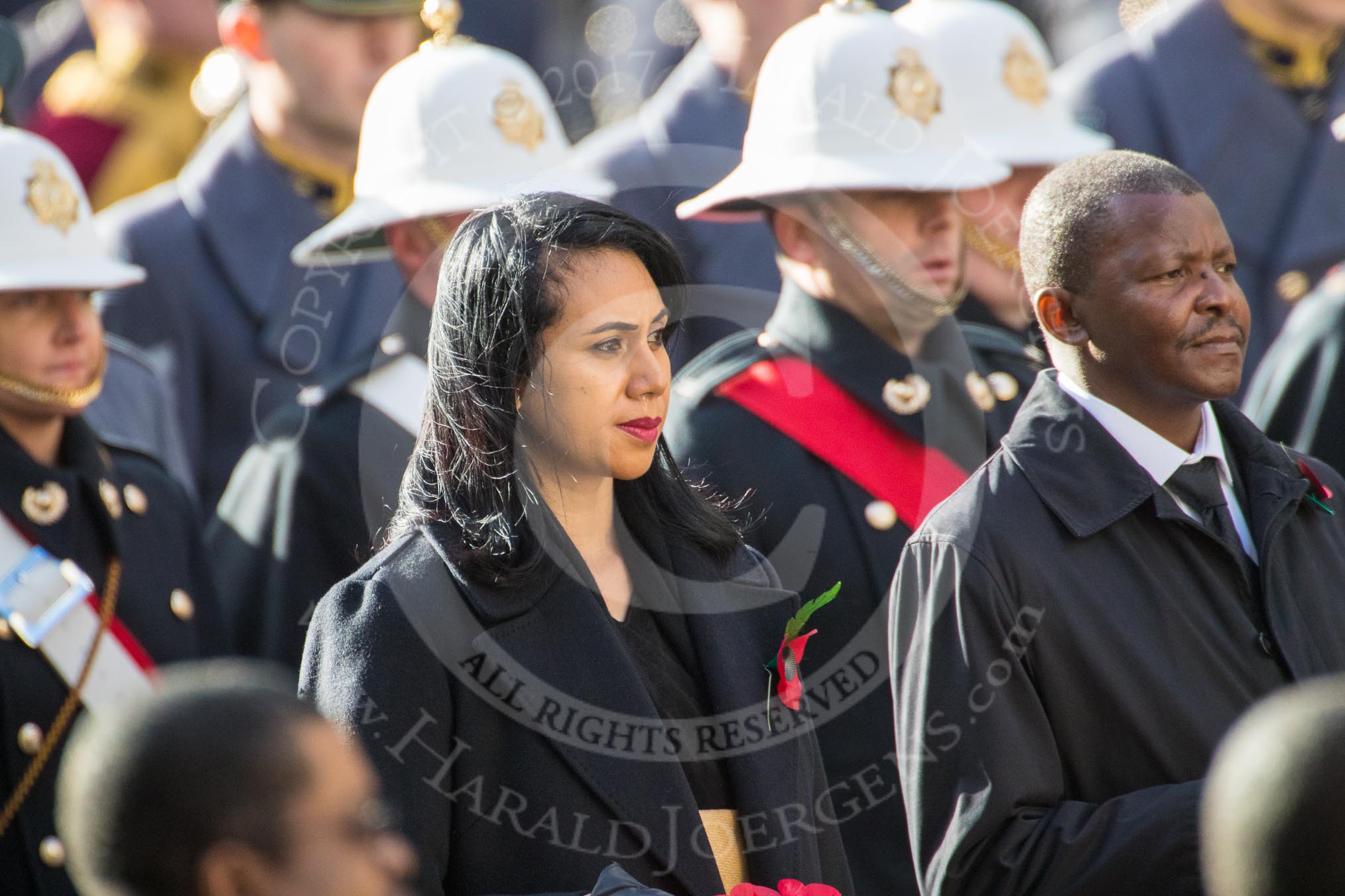 The High Commissioner of Tonga, Titilupe Fanetupouvava'u Tu'ivakano, and The High Commissioner of Eswatini during Remembrance Sunday Cenotaph Ceremony 2018 at Horse Guards Parade, Westminster, London, 11 November 2018, 11:03.