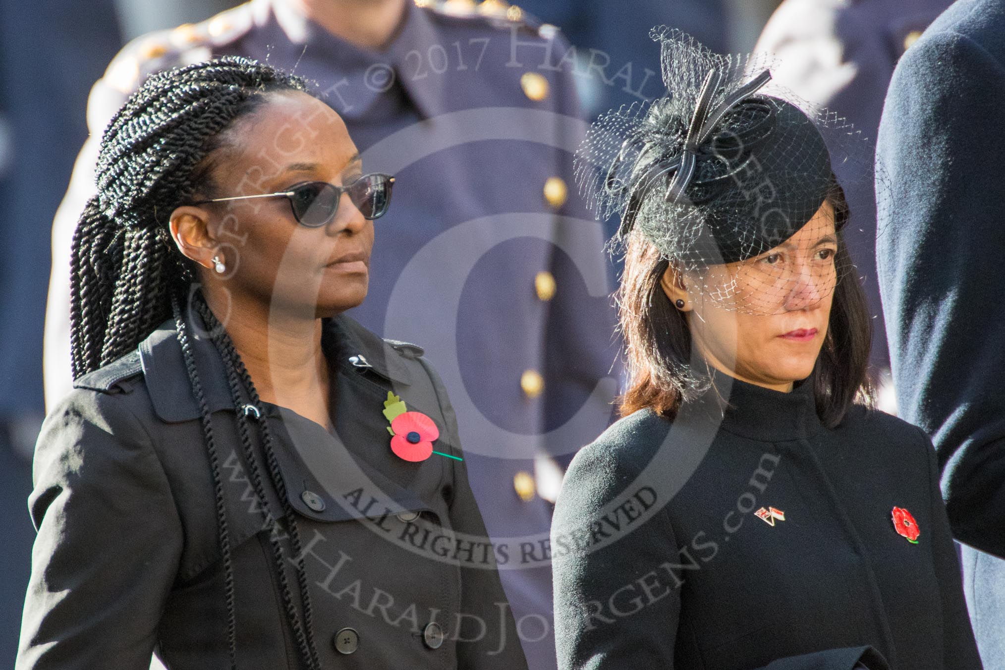 The High Commissioner of Guyana and the The High Commissioner of Singapore, Ms Foo Chi Hsia, during Remembrance Sunday Cenotaph Ceremony 2018 at Horse Guards Parade, Westminster, London, 11 November 2018, 11:03.