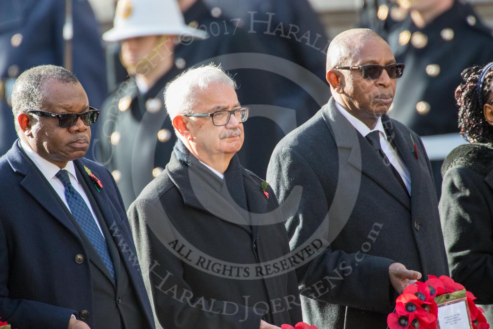 The High Commissioner of Zambia, Muyeba Shichapwa Chikonde, the High Commissioner of Malta, Joesph Cole, and the High Commissioner of Malawi, Kena A. Mphonda, during Remembrance Sunday Cenotaph Ceremony 2018 at Horse Guards Parade, Westminster, London, 11 November 2018, 11:04.