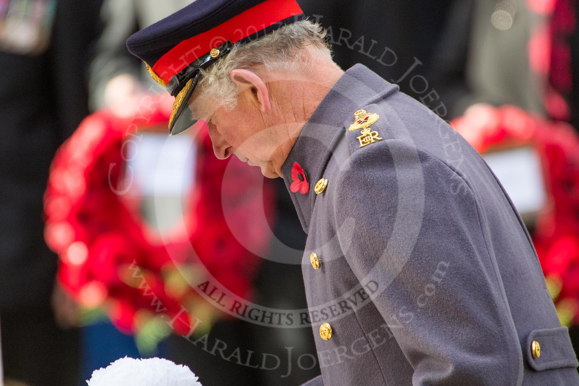 After having laid a wreath on behalf of HM The Queen, HRH The Prince of Wales (Prince Charles) is laying his own wreath during the Remembrance Sunday Cenotaph Ceremony 2018 at Horse Guards Parade, Westminster, London, 11 November 2018, 11:05.