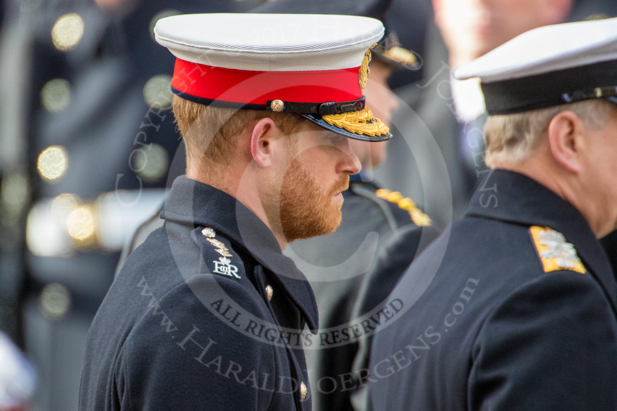 HRH The Duke of Sussex (Prince Harry) after leying a wreath during the Remembrance Sunday Cenotaph Ceremony 2018 at Horse Guards Parade, Westminster, London, 11 November 2018, 11:06.