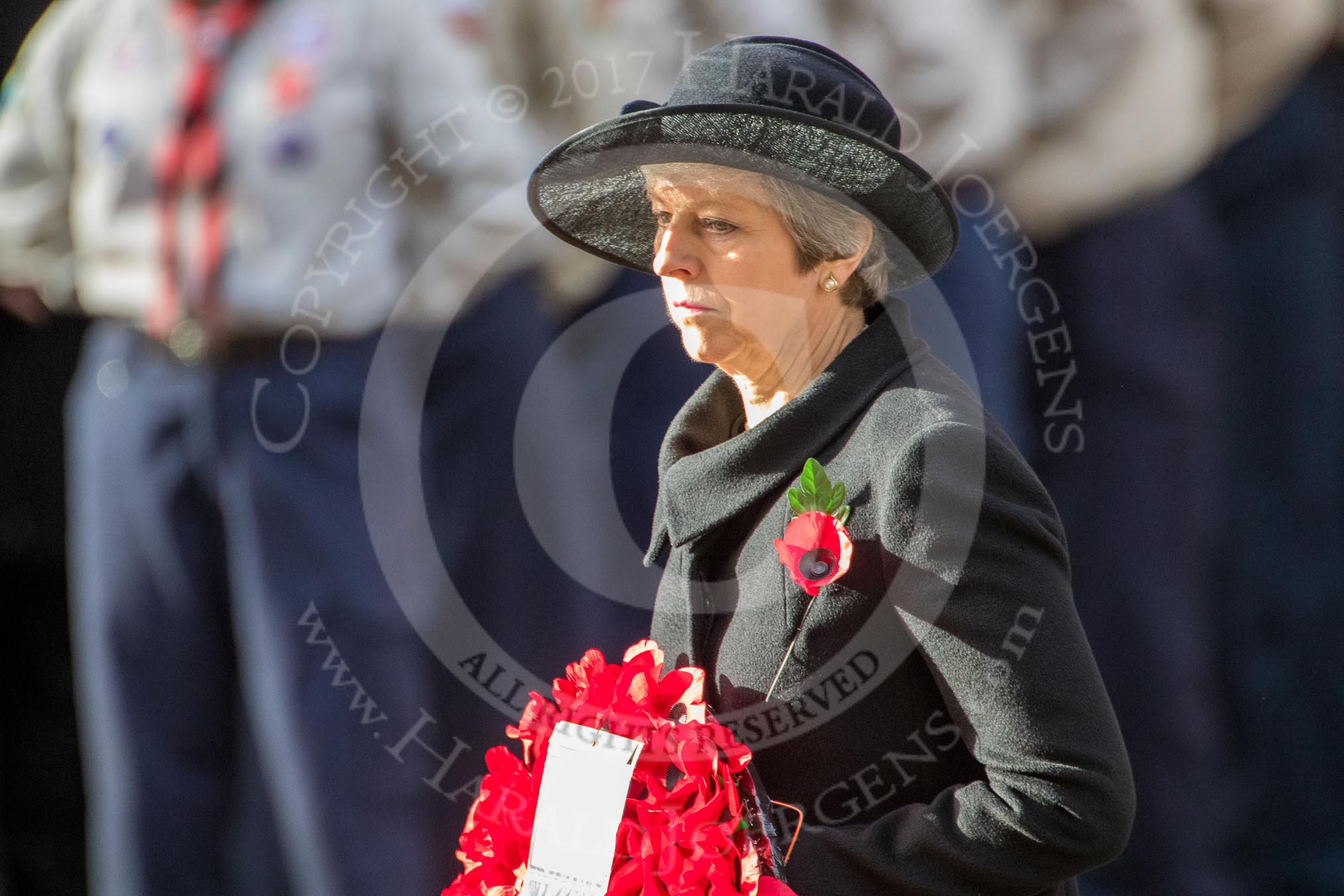 The Rt Hon Theresa May MP, Prime Minister, with her wreath on behalf of the Government during the Remembrance Sunday Cenotaph Ceremony 2018 at Horse Guards Parade, Westminster, London, 11 November 2018, 11:07.