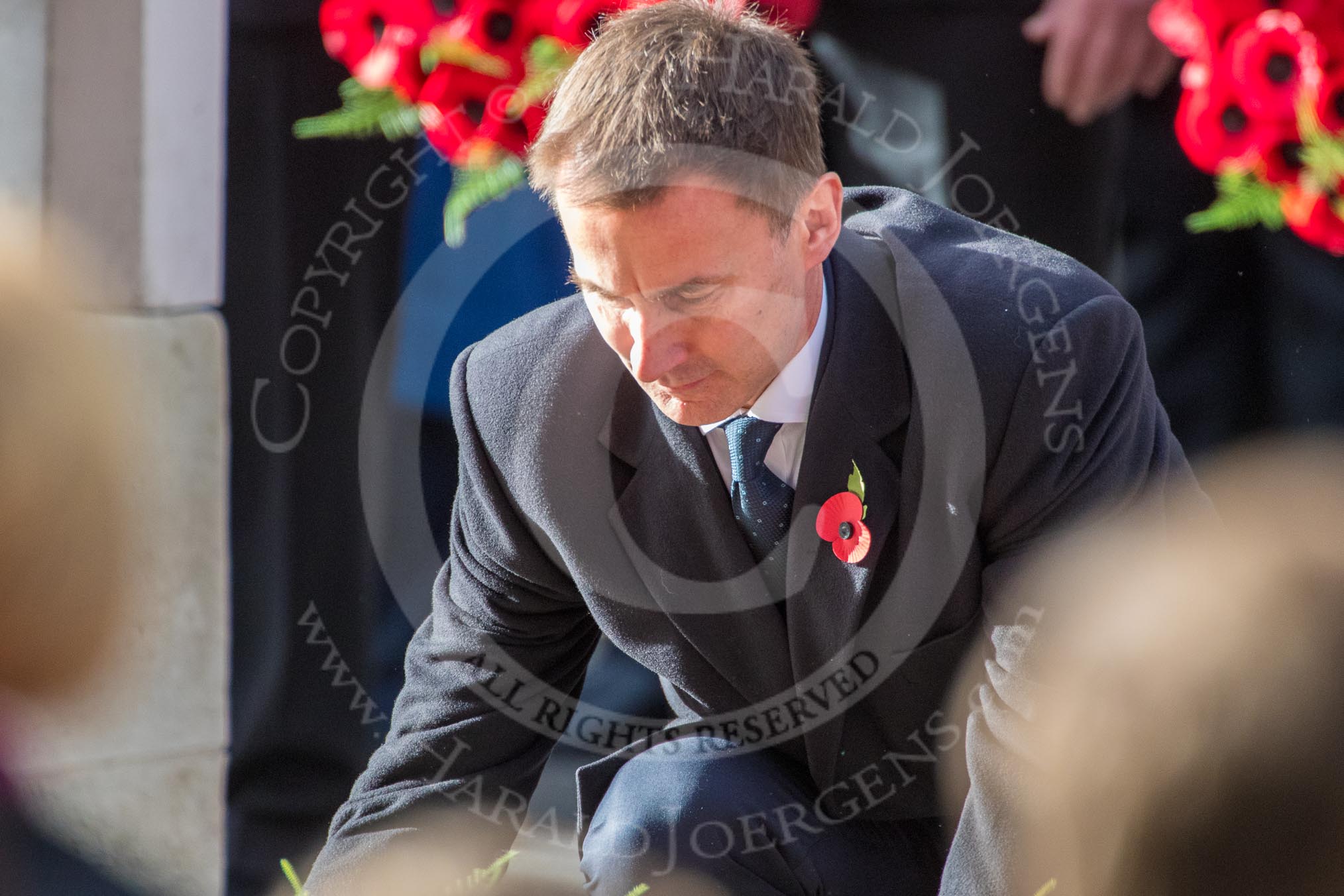 The Rt Hon Jeremy Hunt MP, Secretary of State for Foreign and Commonwealth Affairs, on behalf of the United Kingdom Overseas Territories laying his wreath during the Remembrance Sunday Cenotaph Ceremony 2018 at Horse Guards Parade, Westminster, London, 11 November 2018, 11:11.