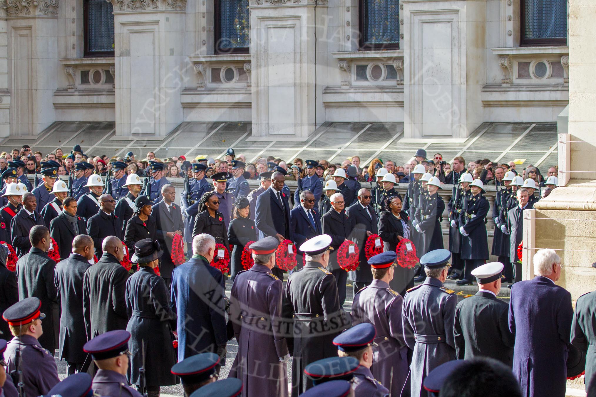 Whitehall, with the High Commissioners around the Cenotaph, during the Remembrance Sunday Cenotaph Ceremony 2018 at Horse Guards Parade, Westminster, London, 11 November 2018, 11:12.