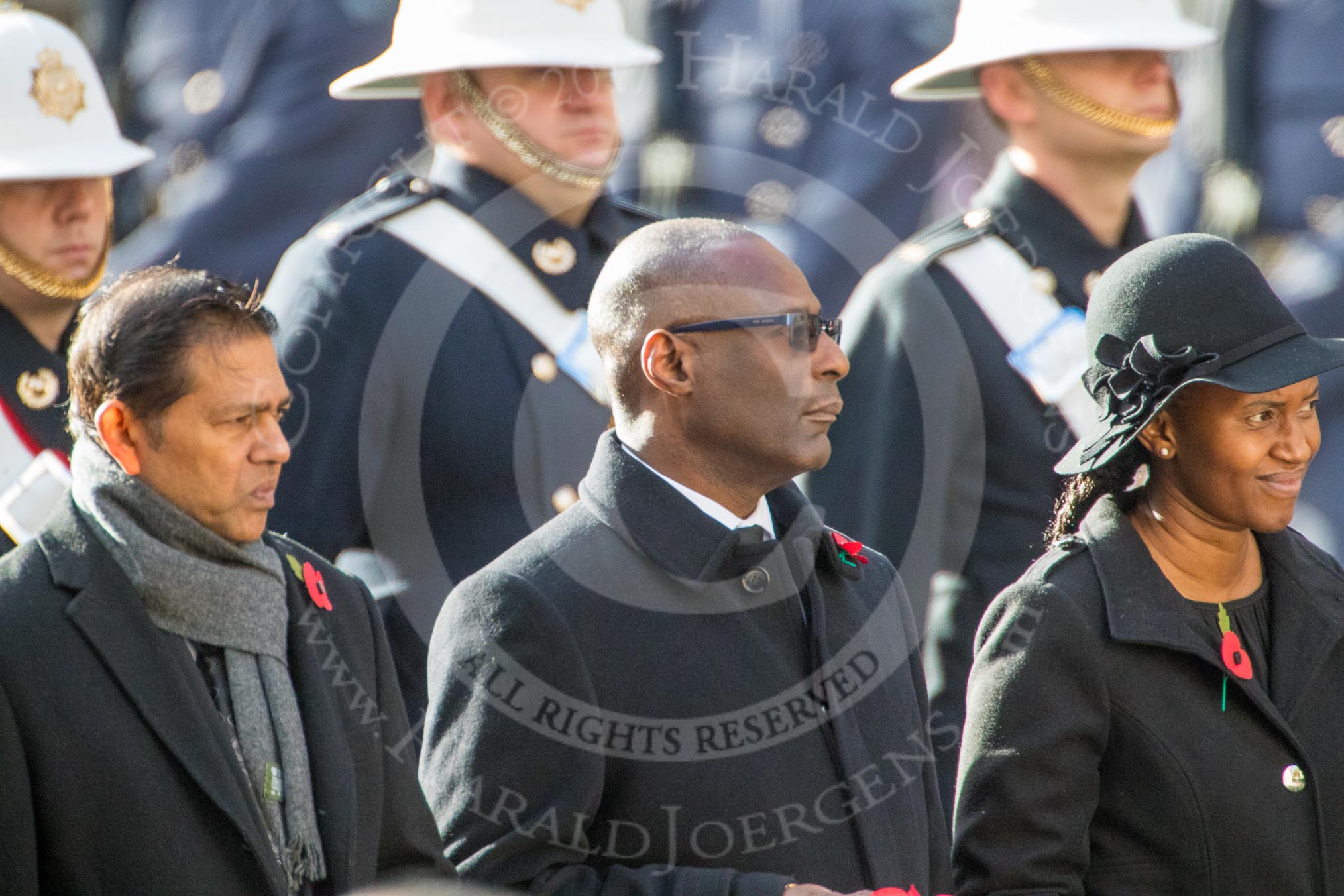 The High Commissioner of Mauritius, the  Deputy High Commissioner of Barbados, and the Acting High Commissioner of Lesotho during Remembrance Sunday Cenotaph Ceremony 2018 at Horse Guards Parade, Westminster, London, 11 November 2018, 11:13.