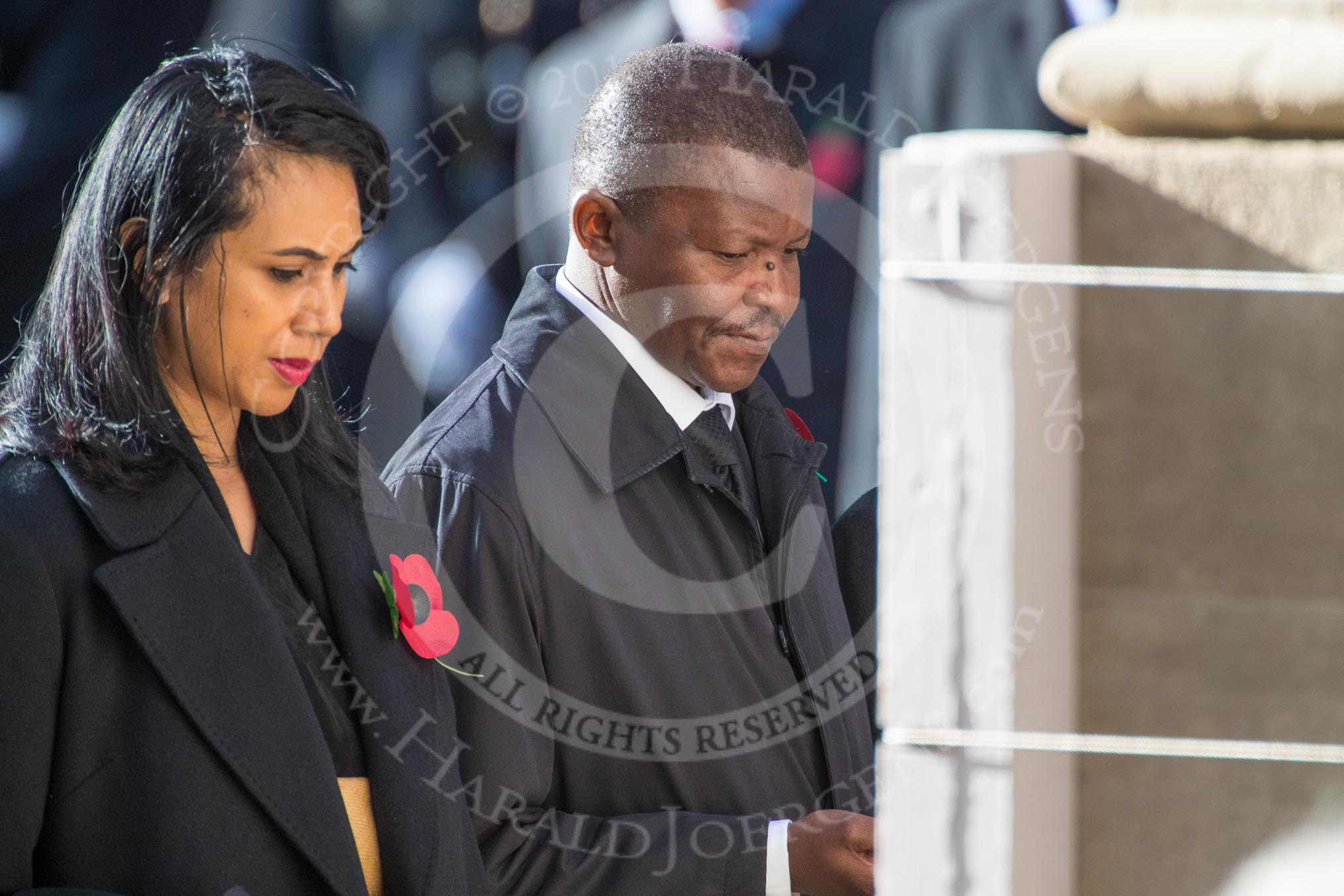 The High Commissioner of Tonga, Titilupe Fanetupouvava'u Tu'ivakano, and the  High Commissioner of Eswatini, during Remembrance Sunday Cenotaph Ceremony 2018 at Horse Guards Parade, Westminster, London, 11 November 2018, 11:14.