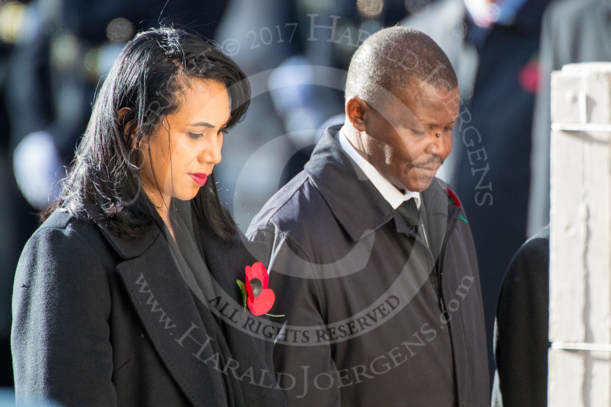 The High Commissioner of Tonga, Titilupe Fanetupouvava'u Tu'ivakan and the  High Commissioner of Eswatini during Remembrance Sunday Cenotaph Ceremony 2018 at Horse Guards Parade, Westminster, London, 11 November 2018, 11:14.