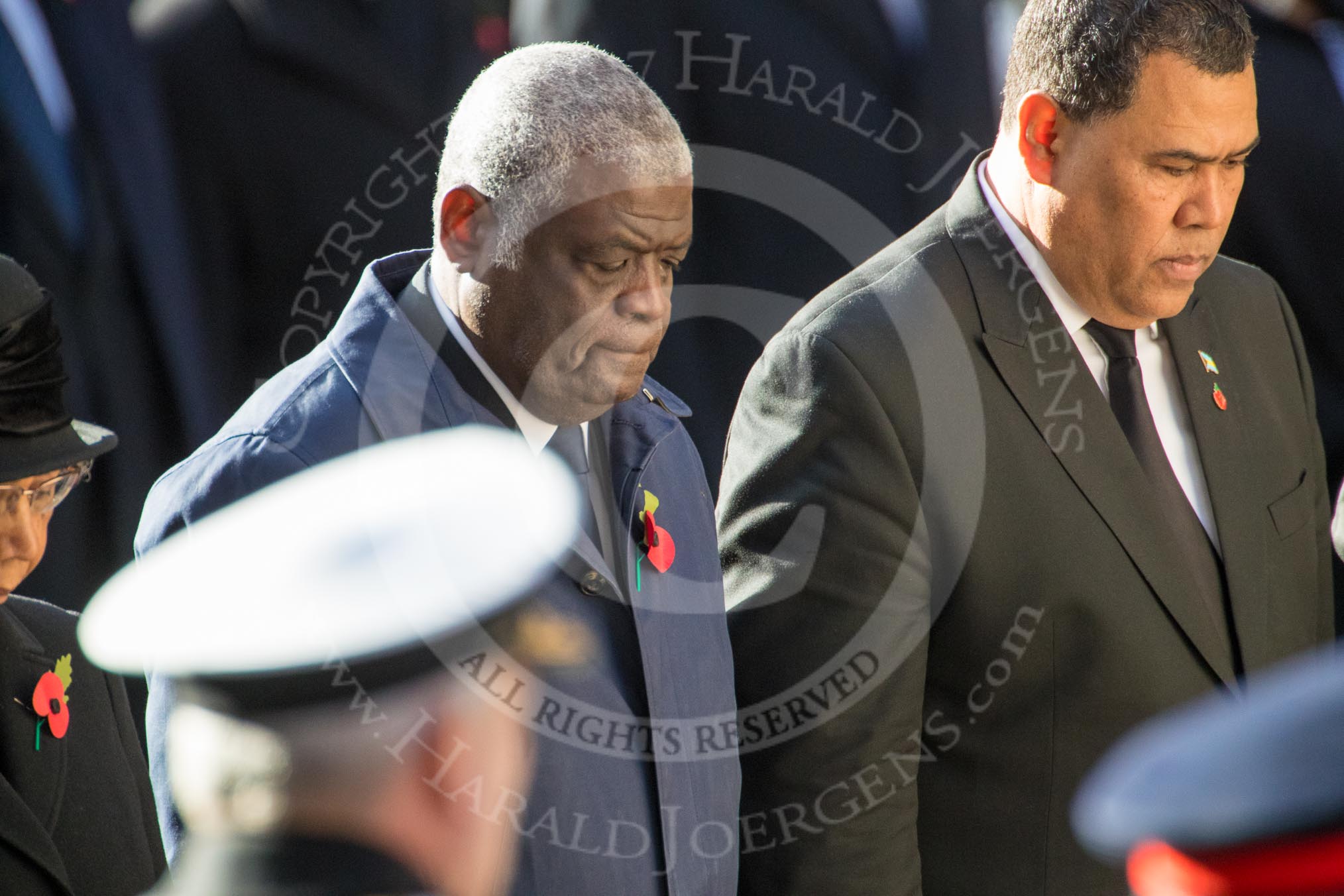 The Charge' d' Affaires for The Grenada High Commission, Samuel Sandy, and  the  High Commissioner of The Bahamas, Ellison Edroy Greenslade, during Remembrance Sunday Cenotaph Ceremony 2018 at Horse Guards Parade, Westminster, London, 11 November 2018, 11:14.