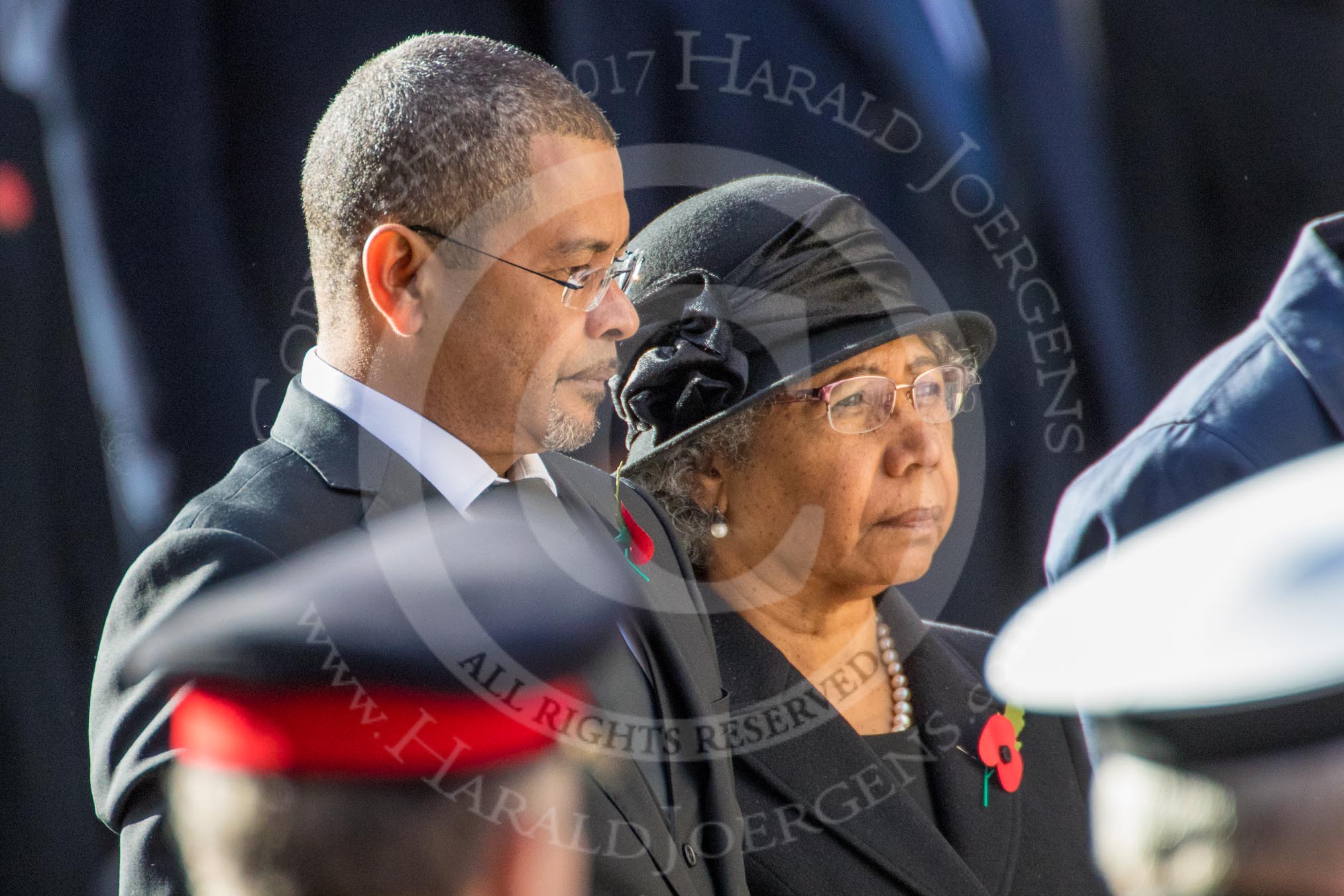 The High Commissioner of the Seychelles, Derick Ally, and the High Commissioner of Papua New Guinea, Winnie Kiap CBE, during Remembrance Sunday Cenotaph Ceremony 2018 at Horse Guards Parade, Westminster, London, 11 November 2018, 11:14.