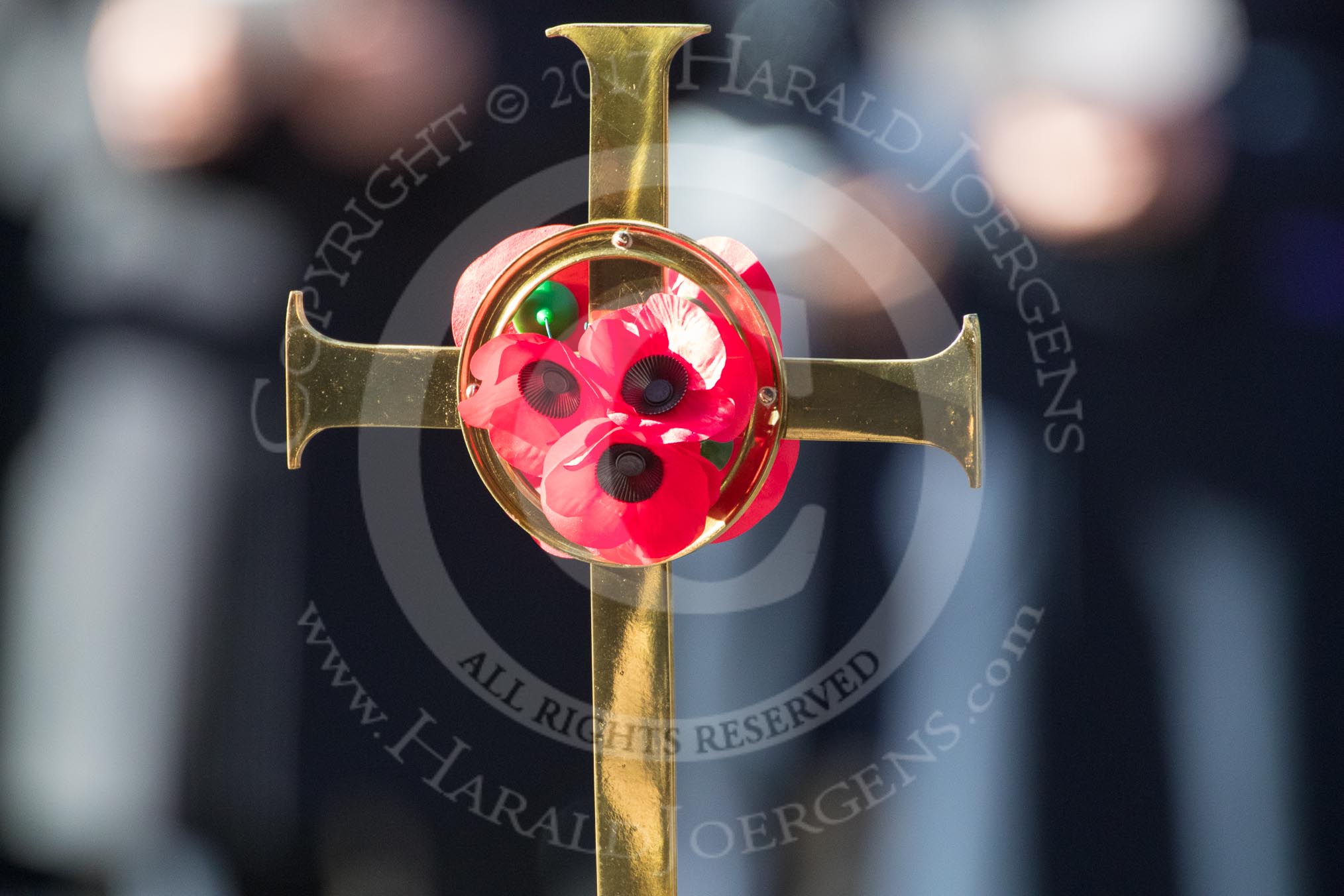 The cross, held by the Cross­Bearer, Michael Clayton Jolly, during the service at the Remembrance Sunday Cenotaph Ceremony 2018 at Horse Guards Parade, Westminster, London, 11 November 2018, 11:18.
