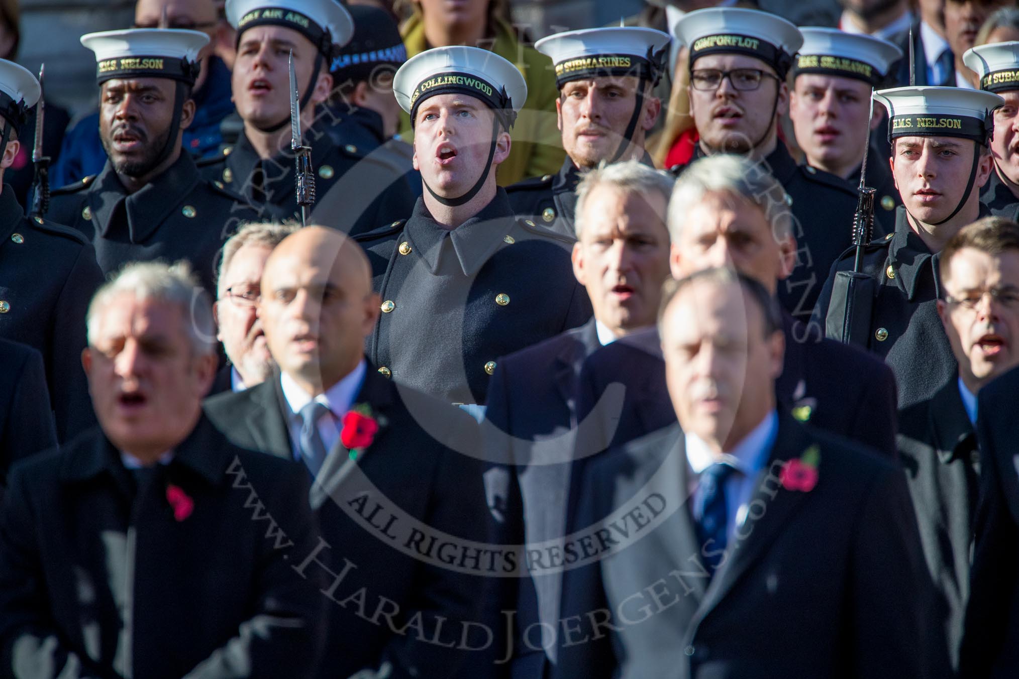 Members of the Service detachment from the Royal Navy singing during the Remembrance Sunday Cenotaph Ceremony 2018 at Horse Guards Parade, Westminster, London, 11 November 2018, 11:22.