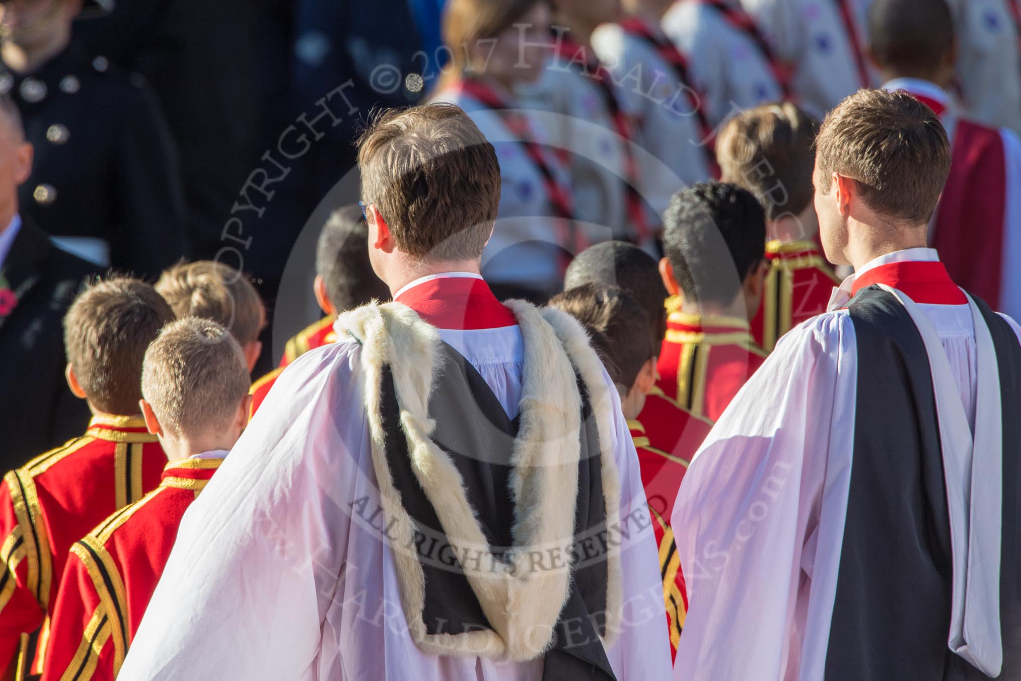 The choir, followed by 6 Gentlemen-in-Ordinary, returning to the Foreign and Commonwealth Office during Remembrance Sunday Cenotaph Ceremony 2018 at Horse Guards Parade, Westminster, London, 11 November 2018, 11:24.