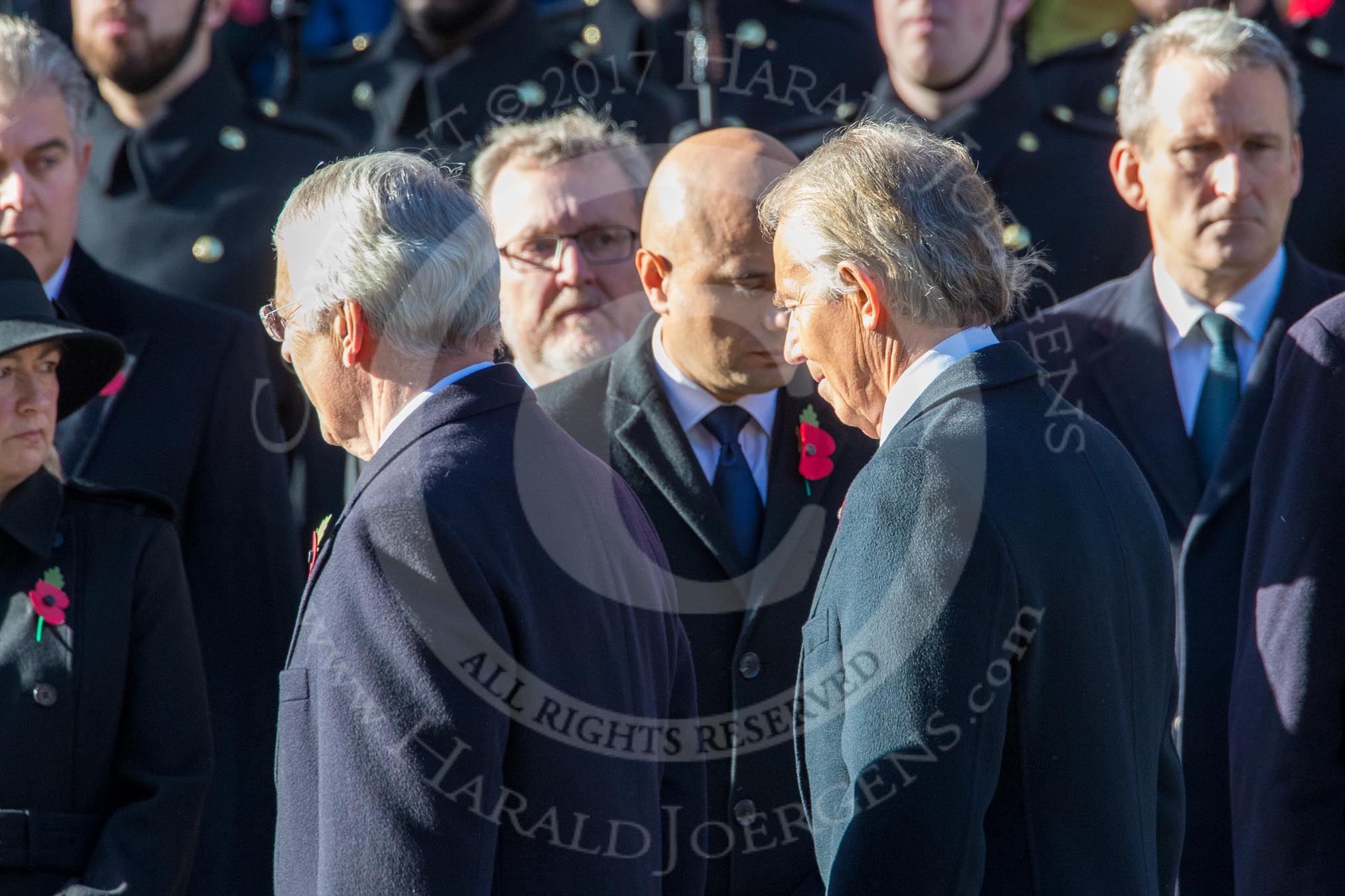 Former prime ministers John Major and Tony Blair returning to the Foreign and Commonwealth Office during Remembrance Sunday Cenotaph Ceremony 2018 at Horse Guards Parade, Westminster, London, 11 November 2018, 11:25.
