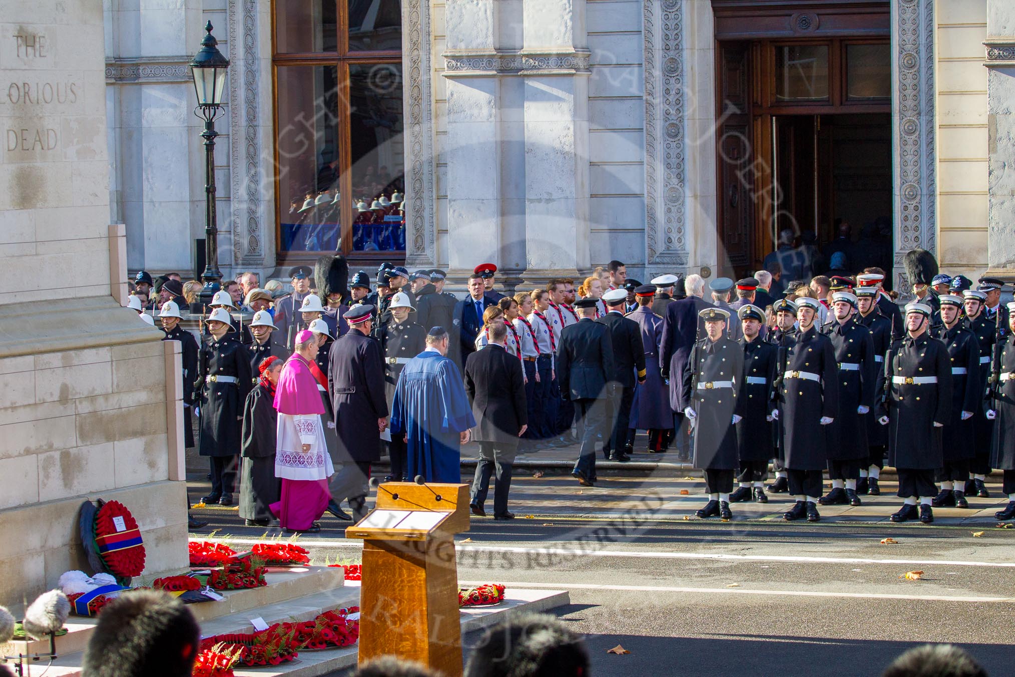 Wreaths around the Cenotaph, and the representatives of the faith communities returning to the Foreign and Commonwealth Office during the Remembrance Sunday Cenotaph Ceremony 2018 at Horse Guards Parade, Westminster, London, 11 November 2018, 11:26.