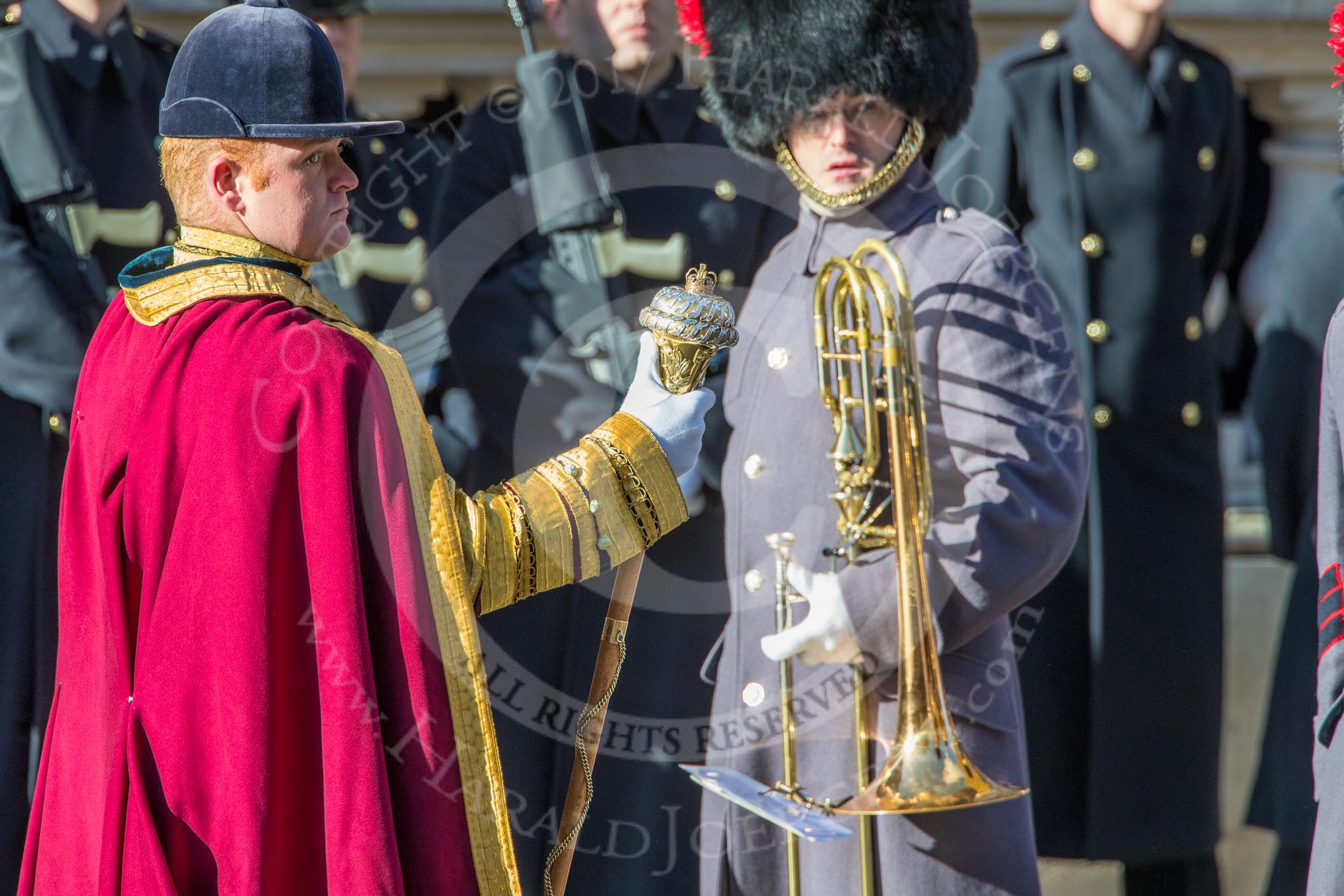 Drum Major Liam Rowley, Coldstream Guards during Remembrance Sunday Cenotaph Ceremony 2018 at Horse Guards Parade, Westminster, London, 11 November 2018, 11:33.