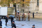 The workplace for the conductor of the Massed Bands is assembled before the Remembrance Sunday Cenotaph Ceremony 2018 at Horse Guards Parade, Westminster, London, 11 November 2018, 08:12.