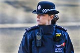 Metropolitan Police Constable Snell keeping an eye on the crowds during the Remembrance Sunday Cenotaph Ceremony 2018 at Horse Guards Parade, Westminster, London, 11 November 2018, 08:46.