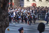 The Band of the Royal Marines arrives on Whitehall before the Remembrance Sunday Cenotaph Ceremony 2018 at Horse Guards Parade, Westminster, London, 11 November 2018, 10:17.