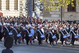 The Band of the Royal Marines arrives on Whitehall before the Remembrance Sunday Cenotaph Ceremony 2018 at Horse Guards Parade, Westminster, London, 11 November 2018, 10:17.