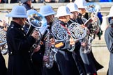 Musicians of the Band of the Royal Marines on Whitehall before the Remembrance Sunday Cenotaph Ceremony 2018 at Horse Guards Parade, Westminster, London, 11 November 2018, 10:18.