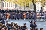 Three of the Massed Band are in position on Whitehall before the Remembrance Sunday Cenotaph Ceremony 2018 at Horse Guards Parade, Westminster, London, 11 November 2018, 10:28.