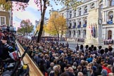 The western side of Whitehall, with the Cenotaph and the press stand, 32 minutes before the start of the Remembrance Sunday Cenotaph Ceremony 2018 at Horse Guards Parade, Westminster, London, 11 November 2018, 10:28.