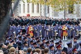 The Service detachment from the 3 Regiment Royal Logistic Corps is in position on the east side of Whitehall before the Remembrance Sunday Cenotaph Ceremony 2018 at Horse Guards Parade, Westminster, London, 11 November 2018, 10:29.