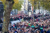 The build-up of the March Past is almost complete on Whitehall before the Remembrance Sunday Cenotaph Ceremony 2018 at Horse Guards Parade, Westminster, London, 11 November 2018, 10:41.
