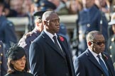 The High Commissioner of Singapore, Ms Foo Chi Hsia, the The Deputy Head of Mission of The Gambia, Mr. Kalifa Bojang, and the The High Commissioner of Zambia, H.E. Muyeba Shichapwa Chikonde, during Remembrance Sunday Cenotaph Ceremony 2018 at Horse Guards Parade, Westminster, London, 11 November 2018, 11:03.