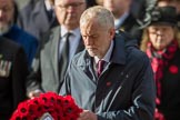 The Rt Hon Jeremy Corbyn MP, (Leader of the Labour Party and Leader of the Opposition)  during the Remembrance Sunday Cenotaph Ceremony 2018 at Horse Guards Parade, Westminster, London, 11 November 2018, 11:08.
