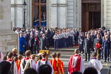 Whitehall, with the representatives of the faith communities on the left, the government on right, and the choir during the Remembrance Sunday Cenotaph Ceremony 2018 at Horse Guards Parade, Westminster, London, 11 November 2018, 11:12.