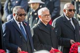 The High Commissioner of Zambia, H.E. Muyeba Shichapwa Chikonde, the High Commissioner of Malta, Joseph Cole, and the High Commissioner of Malawi, Mr Kena A. Mphonda, during Remembrance Sunday Cenotaph Ceremony 2018 at Horse Guards Parade, Westminster, London, 11 November 2018, 11:13.