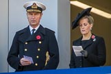 Vice Admiral Sir Tim Laurence, husband of HRH The Princess Royal and HRH The Countess of Wessex (Sophie) , singing, on the balcony of the Foreign and Commonwealth Office during the Remembrance Sunday Cenotaph Ceremony 2018 at Horse Guards Parade, Westminster, London, 11 November 2018, 11:18.