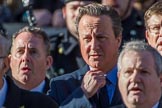 Former prime minister The Rt Hon David Cameron, singing, during Remembrance Sunday Cenotaph Ceremony 2018 at Horse Guards Parade, Westminster, London, 11 November 2018, 11:19.