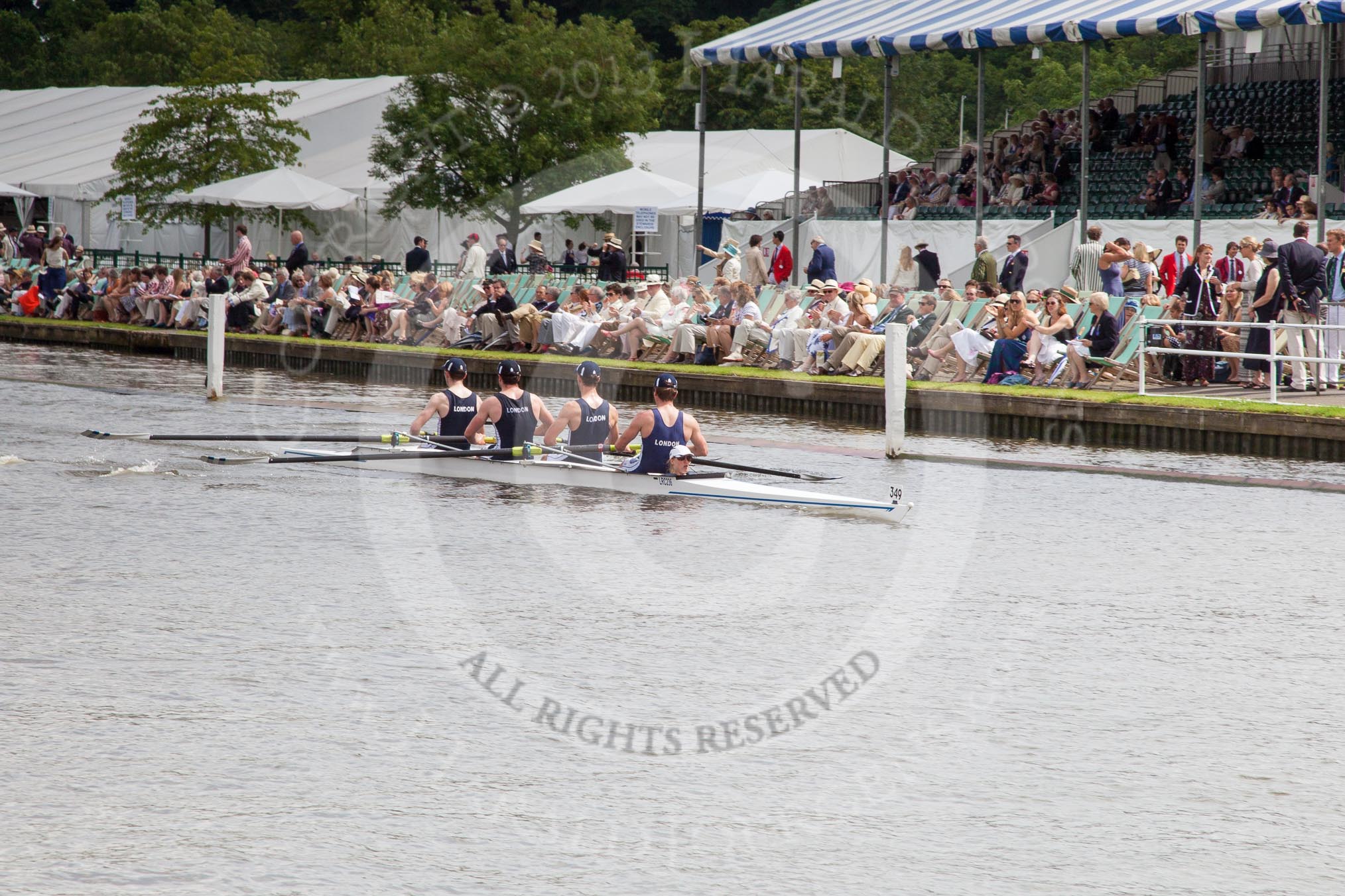 Henley Royal Regatta 2012 (Thursday): Race 19, Britannia Challenge Cup:  Henley Rowing Club (347, Bucks) v London Rowing Club  (349, Berks).
River Thames beteen Henley-on-Thames and Remenham/Temple Island ,
Henley-on-Thames,
Oxfordshire,
United Kingdom,
on 28 June 2012 at 10:50, image #128