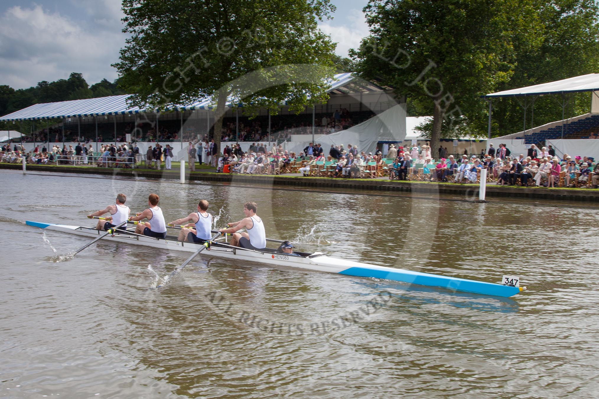 Henley Royal Regatta 2012 (Thursday): Race 19, Britannia Challenge Cup:  Henley Rowing Club (347, Bucks) v London Rowing Club  (349, Berks).
River Thames beteen Henley-on-Thames and Remenham/Temple Island ,
Henley-on-Thames,
Oxfordshire,
United Kingdom,
on 28 June 2012 at 10:51, image #131