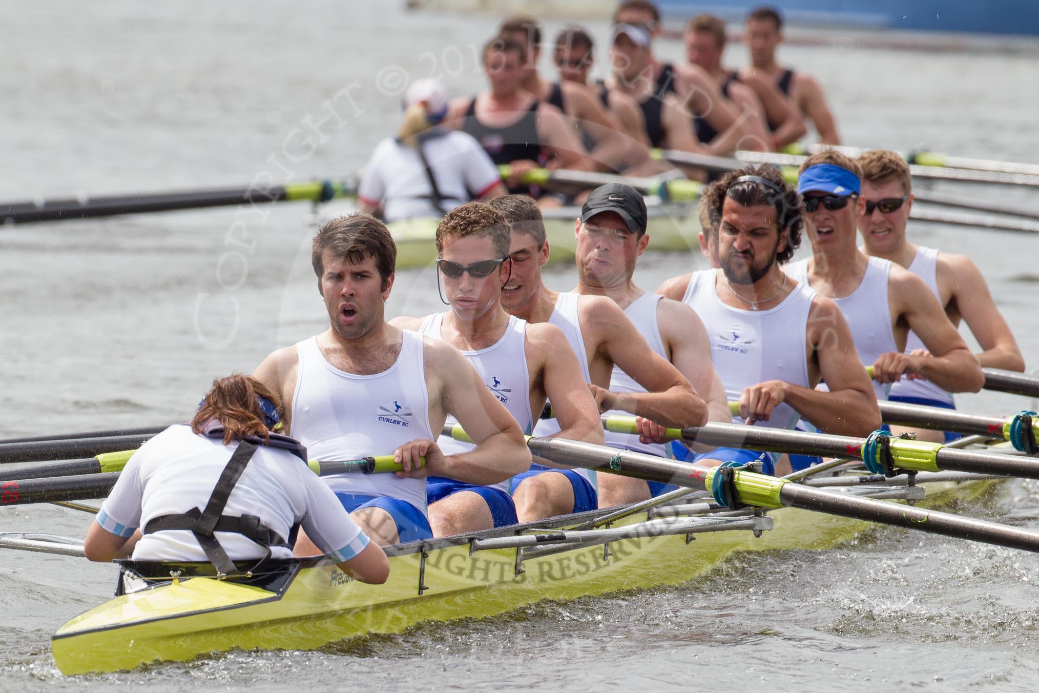 Henley Royal Regatta 2012 (Thursday): Race 26, Thames Challenge Cup:  Curlew Rowing Club 'A' (22, Bucks) v Thames Rowing Club 'A'  (47, Berks).
River Thames beteen Henley-on-Thames and Remenham/Temple Island ,
Henley-on-Thames,
Oxfordshire,
United Kingdom,
on 28 June 2012 at 11:35, image #186