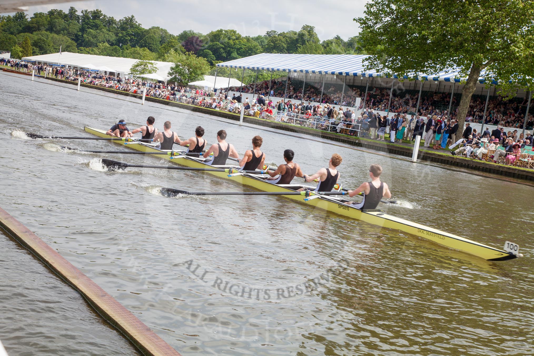 Henley Royal Regatta 2012 (Thursday): Race 27, Temple Challenge Cup:  St Paul's School (100, Bucks) v Amsterdamsche Studenten Roeivereeniging Nereus, Holland 'A'  (55, Berks).
River Thames beteen Henley-on-Thames and Remenham/Temple Island ,
Henley-on-Thames,
Oxfordshire,
United Kingdom,
on 28 June 2012 at 11:41, image #192