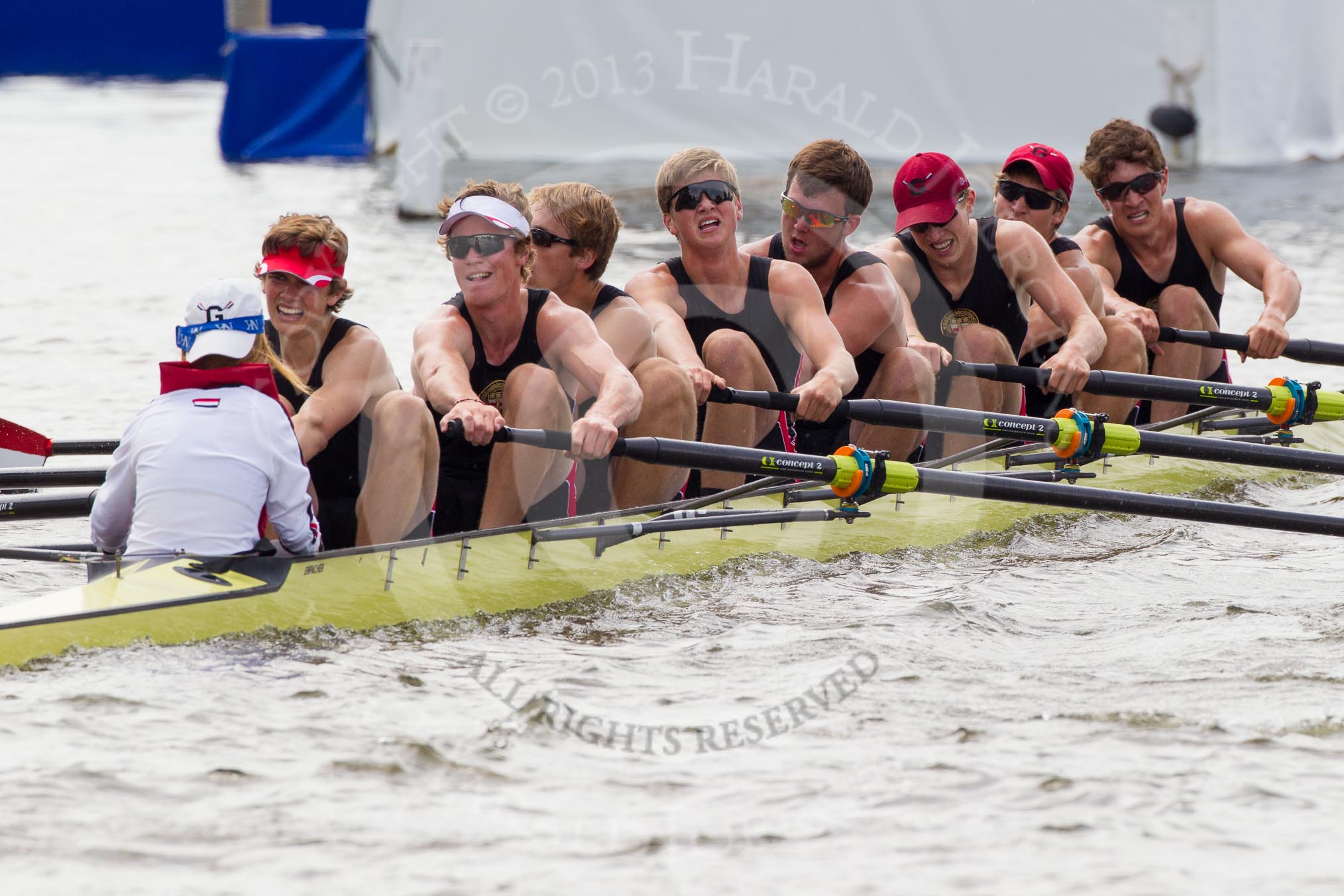 Henley Royal Regatta 2012 (Thursday): Race 32, Princess Elizabeth Challenge Cup:  Hampton School (137, Bucks) v Groton School, U.S.A.  (136, Berks).
River Thames beteen Henley-on-Thames and Remenham/Temple Island ,
Henley-on-Thames,
Oxfordshire,
United Kingdom,
on 28 June 2012 at 12:10, image #231