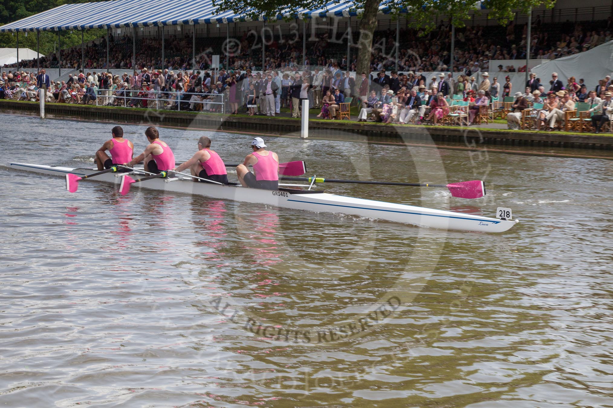 Henley Royal Regatta 2012 (Thursday): Race 33, Wyfold Challenge Cup:  Griffen Boat Club (218, Bucks) v Nottingham Rowing Club 'A'.  (231, Berks).
River Thames beteen Henley-on-Thames and Remenham/Temple Island ,
Henley-on-Thames,
Oxfordshire,
United Kingdom,
on 28 June 2012 at 12:16, image #236