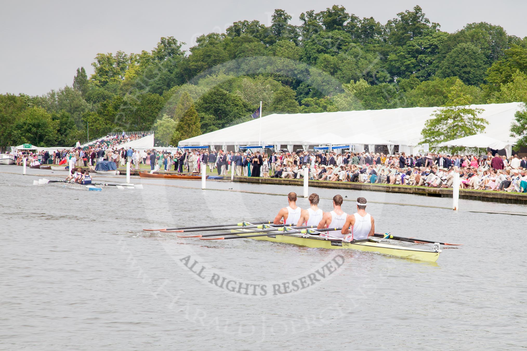 Henley Royal Regatta 2012 (Thursday): Race 44, Prince of Wales Challenge Cup:  Leander Club (276, Bucks) v Upper Thames Rowing Club 'B' (288, Berks).
River Thames beteen Henley-on-Thames and Remenham/Temple Island ,
Henley-on-Thames,
Oxfordshire,
United Kingdom,
on 28 June 2012 at 14:51, image #316