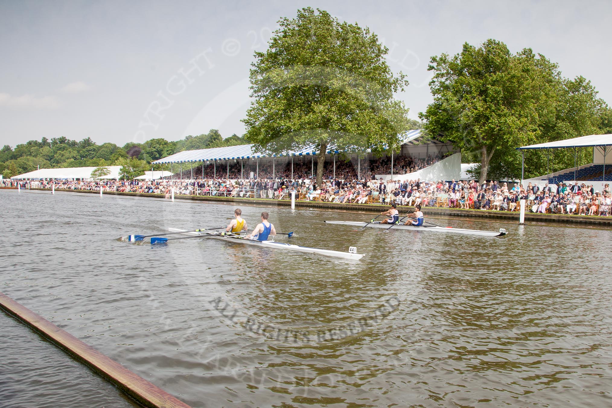 Henley Royal Regatta 2012 (Thursday): Race 46, Double Sculls Challenge Cup:  Cardiff City Rowing Club (441, Bucks) v Mitsubishi Boat Club, Japan (446, Berks).
River Thames beteen Henley-on-Thames and Remenham/Temple Island ,
Henley-on-Thames,
Oxfordshire,
United Kingdom,
on 28 June 2012 at 14:59, image #325