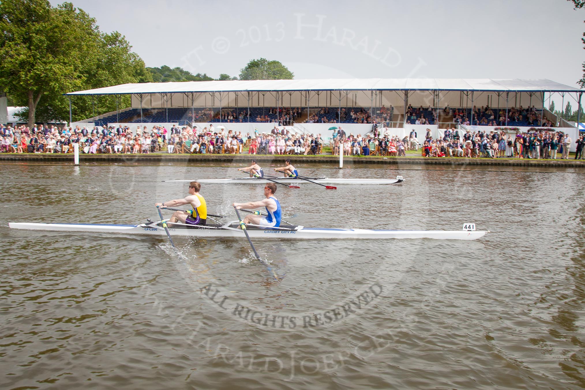 Henley Royal Regatta 2012 (Thursday): Race 46, Double Sculls Challenge Cup:  Cardiff City Rowing Club (441, Bucks) v Mitsubishi Boat Club, Japan (446, Berks).
River Thames beteen Henley-on-Thames and Remenham/Temple Island ,
Henley-on-Thames,
Oxfordshire,
United Kingdom,
on 28 June 2012 at 14:59, image #326